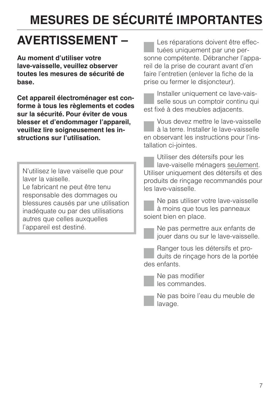 Mesures de sécurité importantes 7, Mesures de sécurité importantes, Avertissement | Miele NOVOTRONIC G 856 SC ELITE User Manual | Page 7 / 52