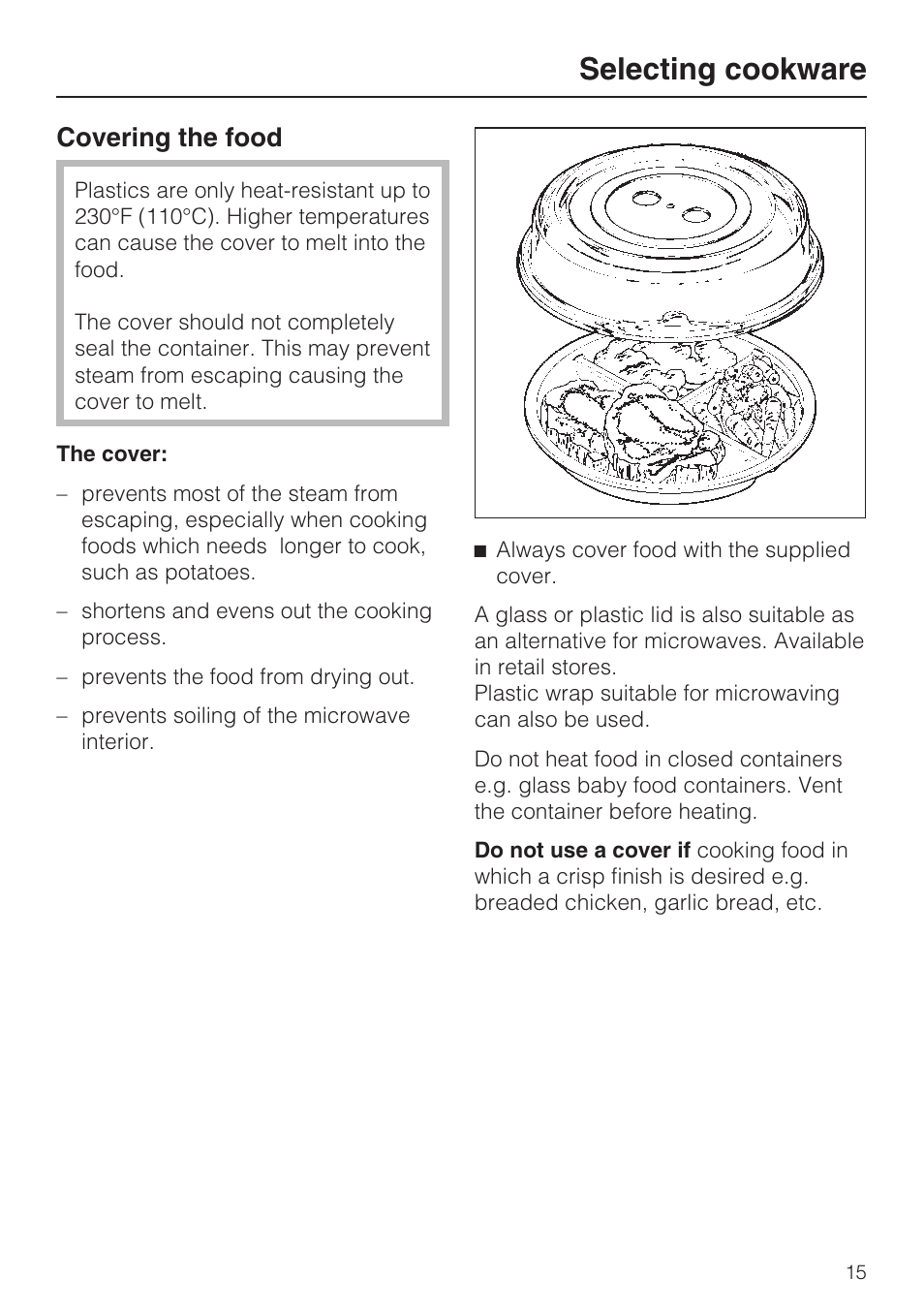 Selecting cookware, Covering the food | Miele M8260-1 User Manual | Page 15 / 48