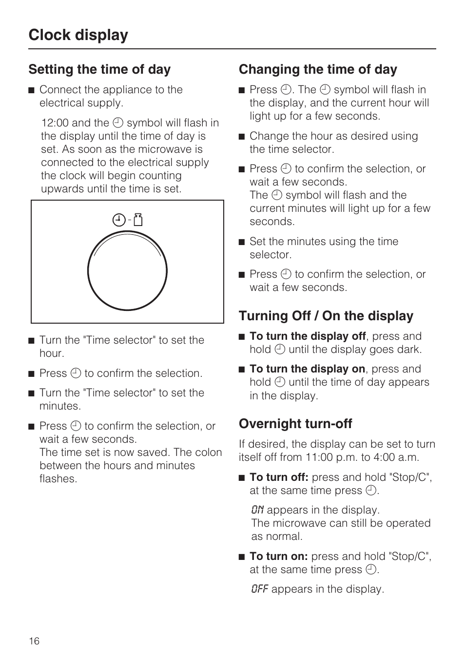 Clock display 16, Setting the time of day 16, Changing the time of day 16 | Turning off / on the display 16, Overnight turn-off 16, Clock display, Setting the time of day, Changing the time of day, Turning off / on the display, Overnight turn-off | Miele M8260-1 User Manual | Page 16 / 48
