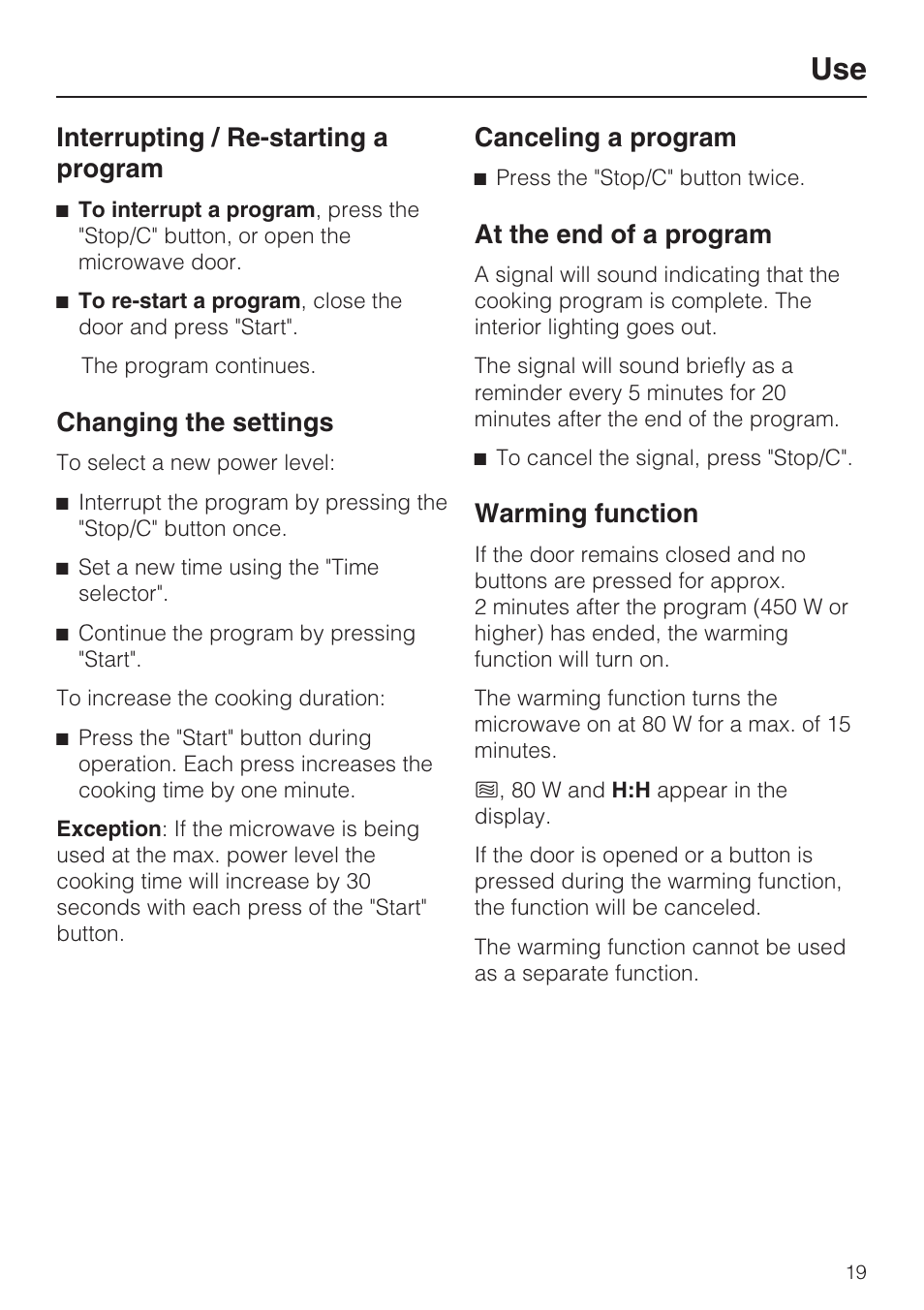 Interrupting / re-starting a program 19, Changing the settings 19, Canceling a program 19 | At the end of a program 19, Warming function 19, Interrupting / re-starting a program, Changing the settings, Canceling a program, At the end of a program, Warming function | Miele M8260-1 User Manual | Page 19 / 48