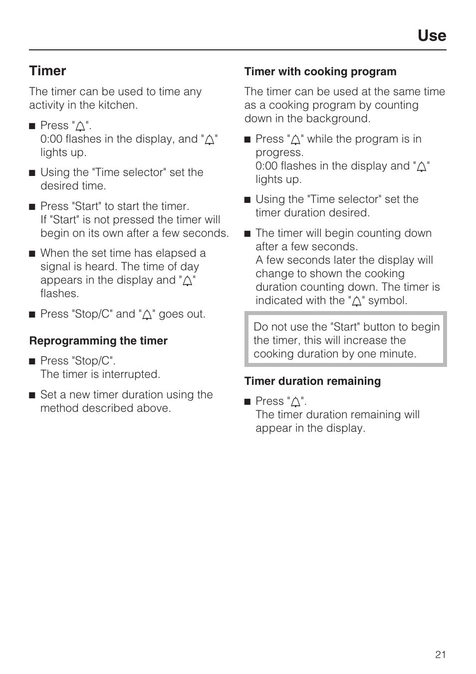 Timer 21, Timer | Miele M8260-1 User Manual | Page 21 / 48