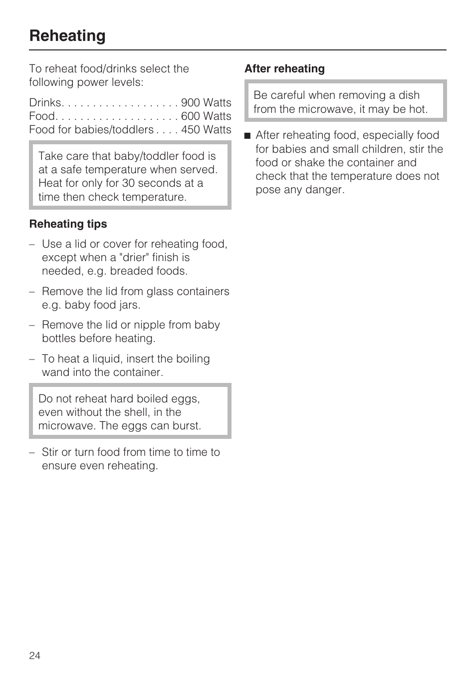 Reheating 24, Reheating | Miele M8260-1 User Manual | Page 24 / 48