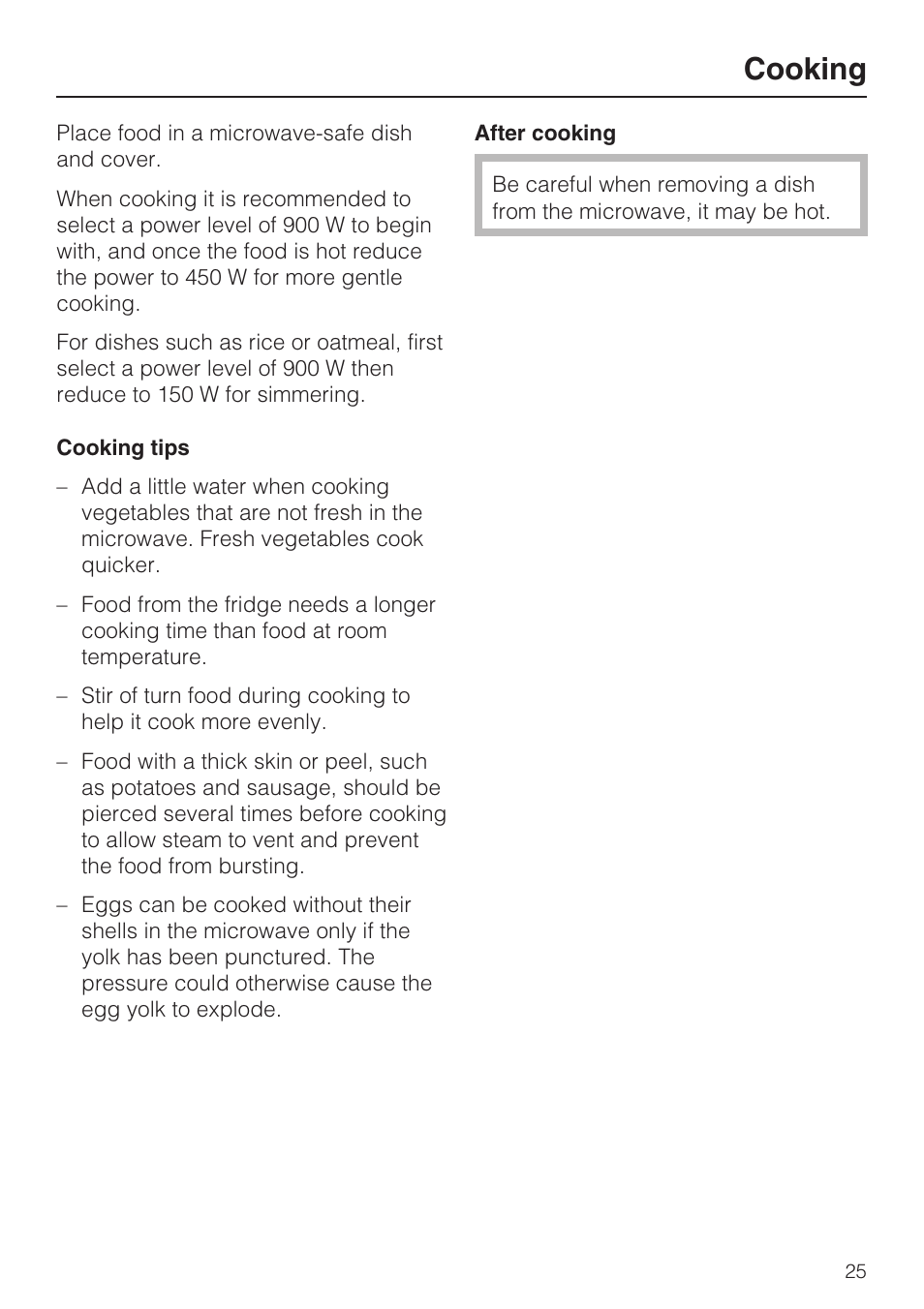 Cooking 25, Cooking | Miele M8260-1 User Manual | Page 25 / 48