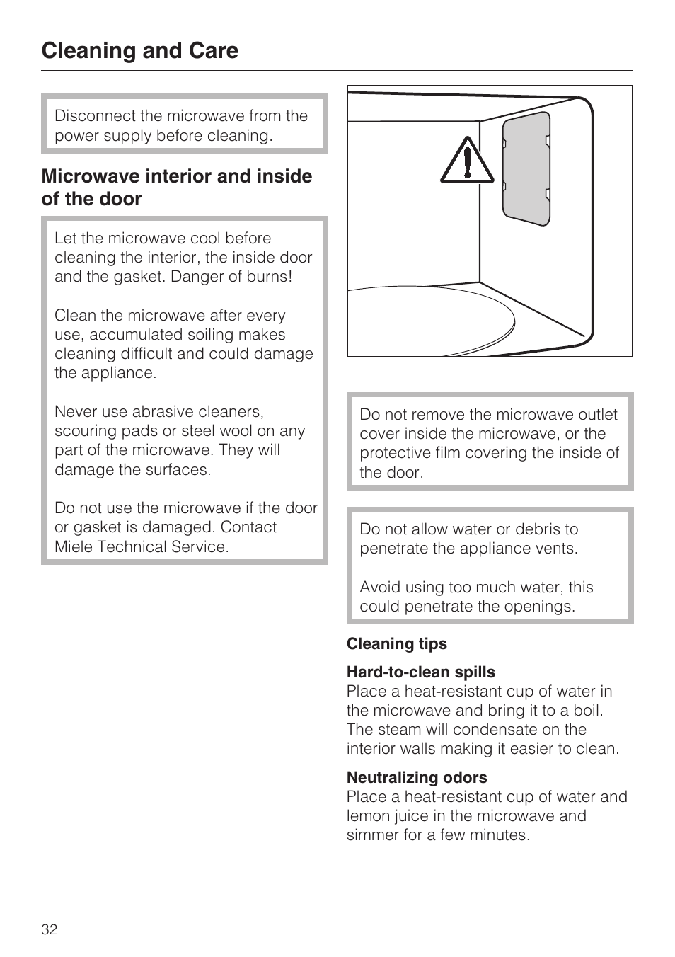 Cleaning and care 32, Microwave interior and inside of the door 32, Cleaning and care | Microwave interior and inside of the door | Miele M8260-1 User Manual | Page 32 / 48