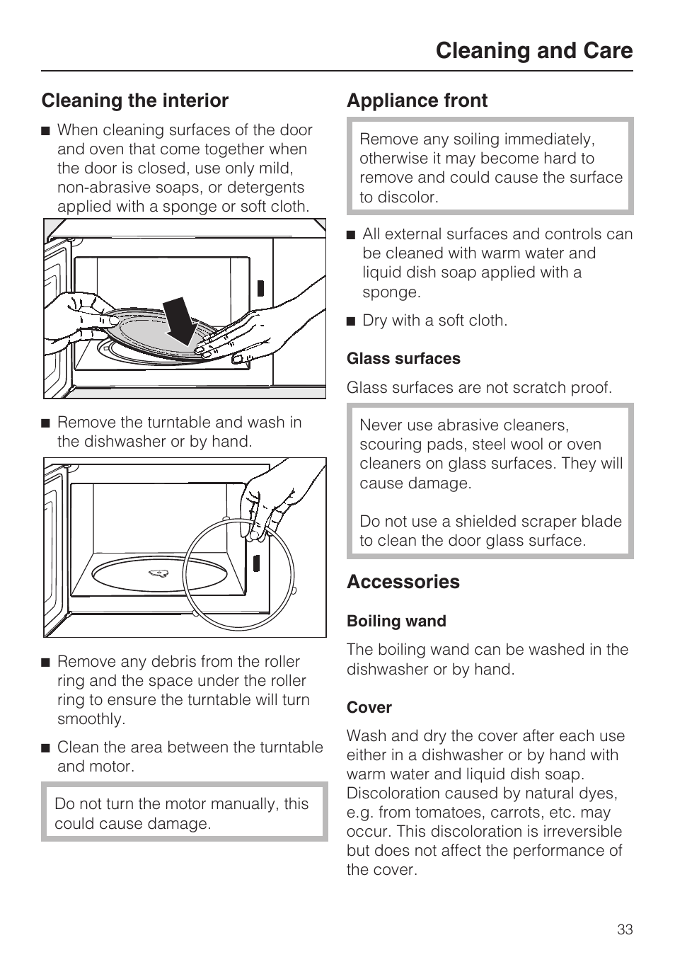 Appliance front 33, Accessories 33, Cleaning and care | Cleaning the interior, Appliance front, Accessories | Miele M8260-1 User Manual | Page 33 / 48
