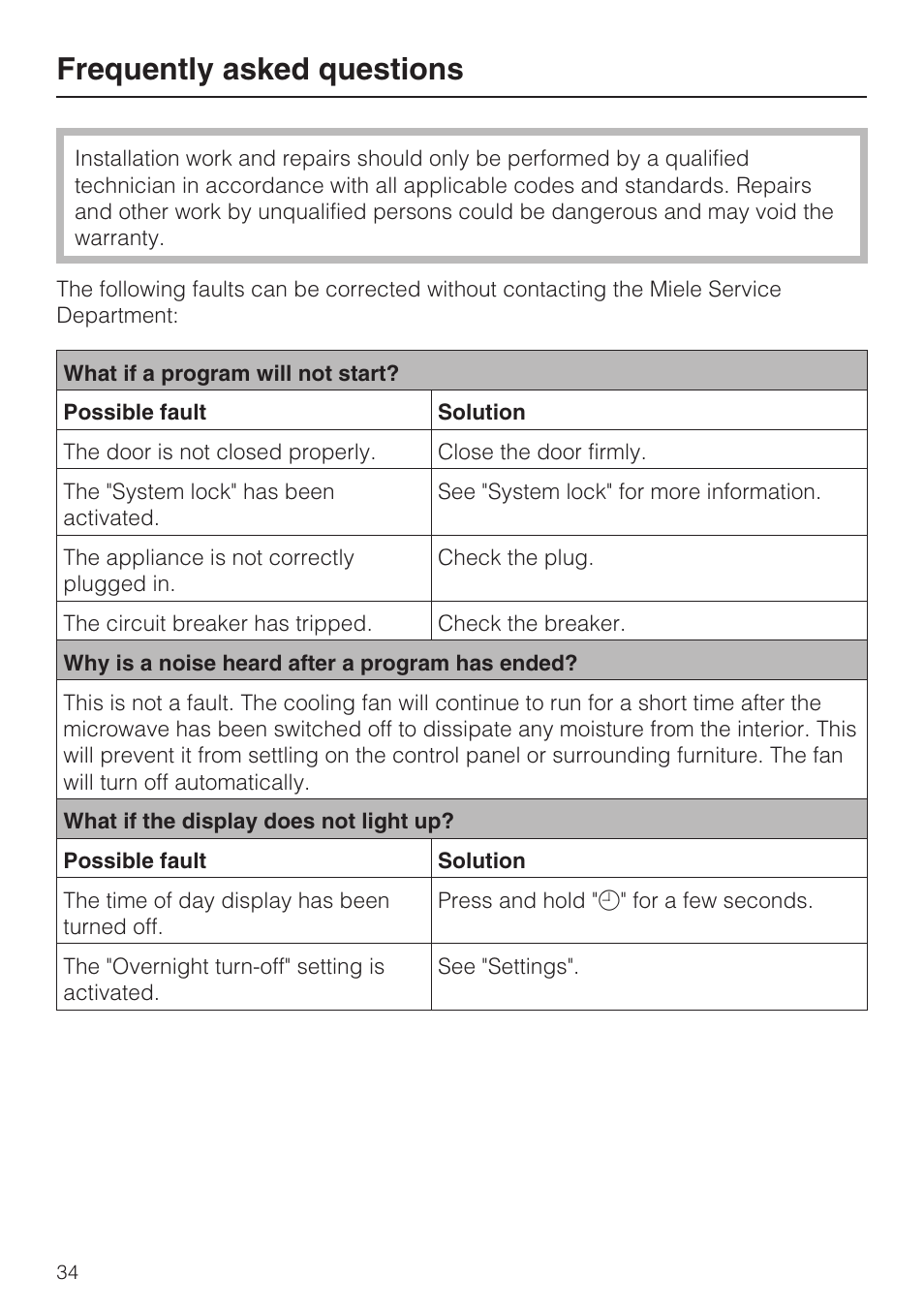 Frequently asked questions 34, Frequently asked questions | Miele M8260-1 User Manual | Page 34 / 48