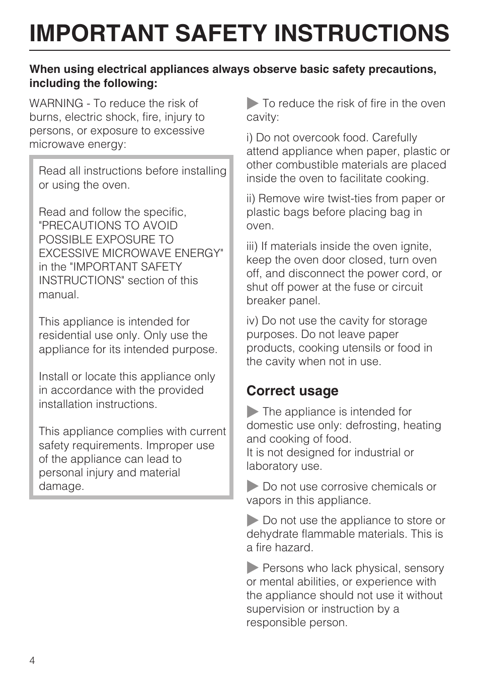 Important safety instructions 4, Important safety instructions | Miele M8260-1 User Manual | Page 4 / 48