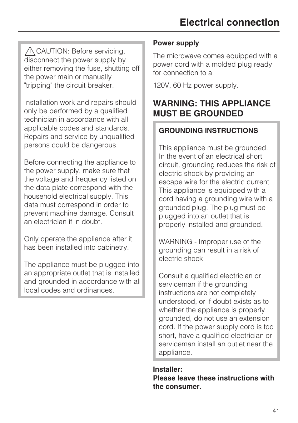 Electrical connection 41, Electrical connection, Warning: this appliance must be grounded | Miele M8260-1 User Manual | Page 41 / 48