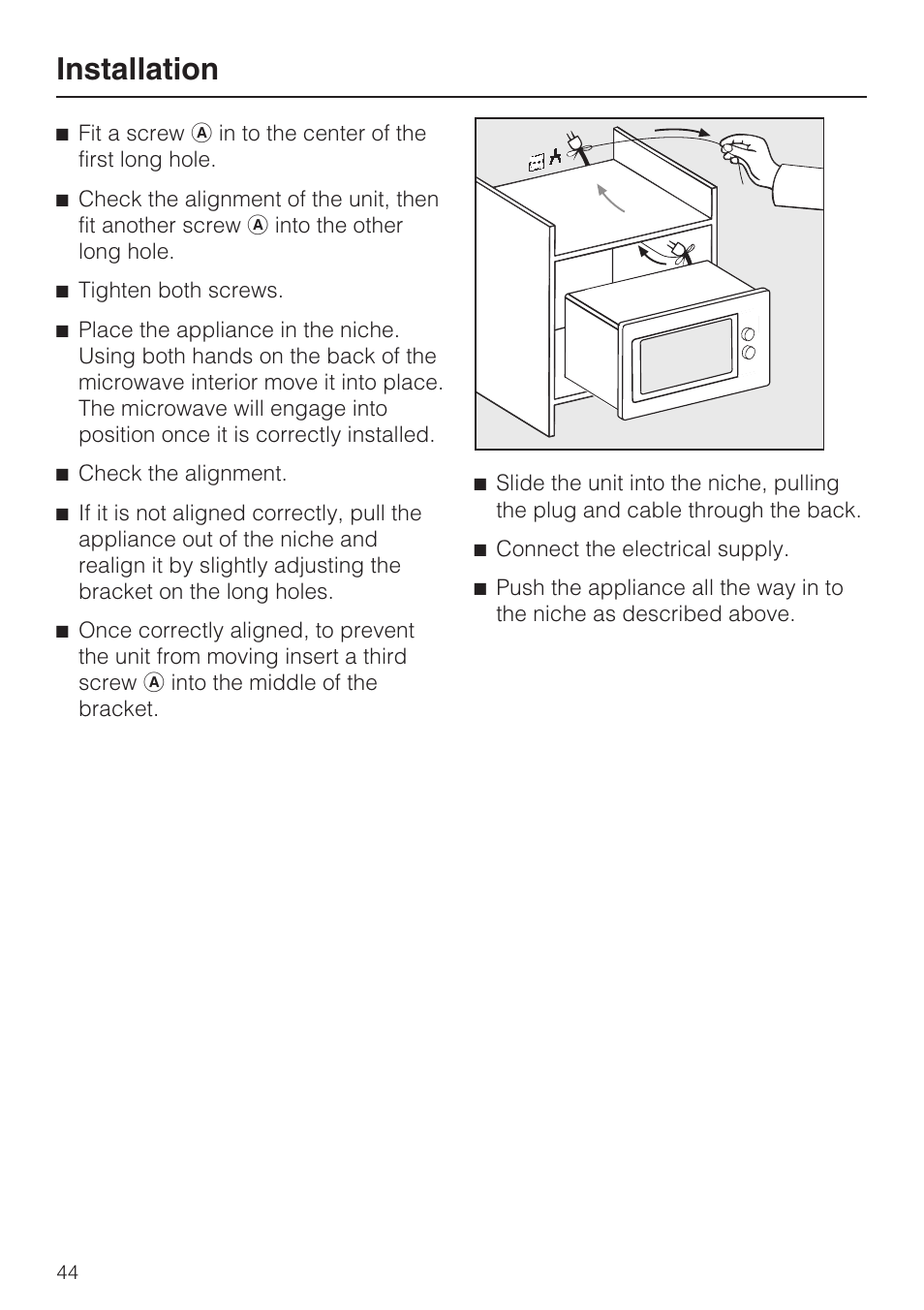 Installation | Miele M8260-1 User Manual | Page 44 / 48