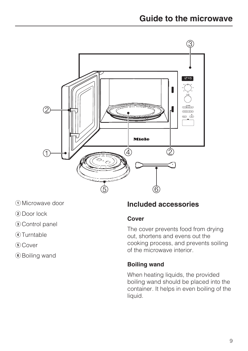 Guide to the microwave 9, Included accessories 9, Guide to the microwave | Included accessories | Miele M8260-1 User Manual | Page 9 / 48