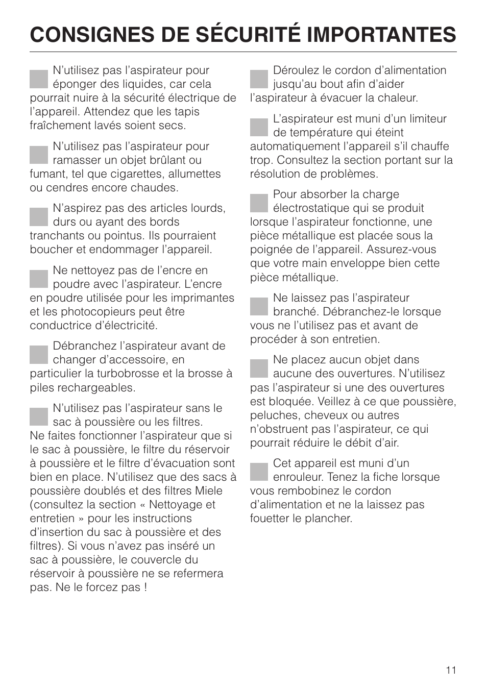 Consignes de sécurité importantes | Miele S 4000 User Manual | Page 11 / 48