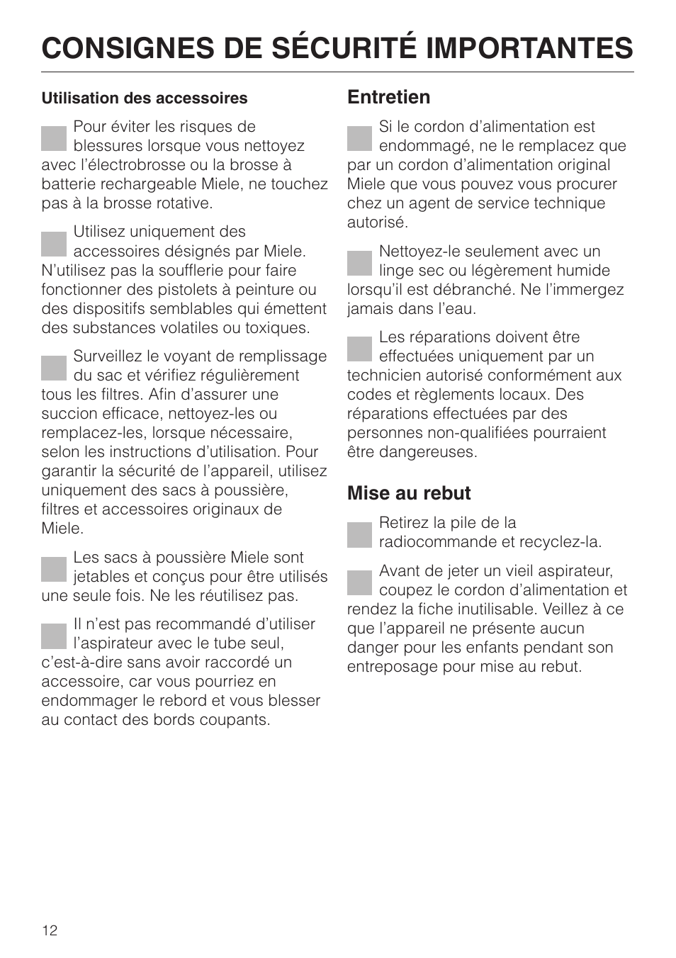 Consignes de sécurité importantes, Entretien, Mise au rebut | Miele S 4000 User Manual | Page 12 / 48