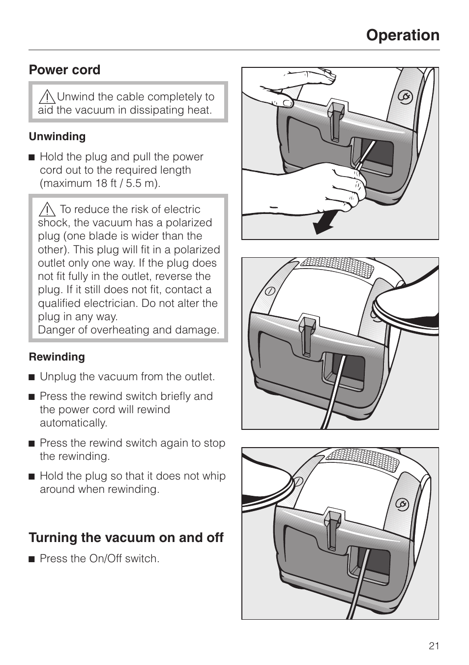 Operation 21, Power cord 21, Turning the vacuum on and off 21 | Operation, Power cord turning the vacuum on and off | Miele S 4000 User Manual | Page 21 / 48