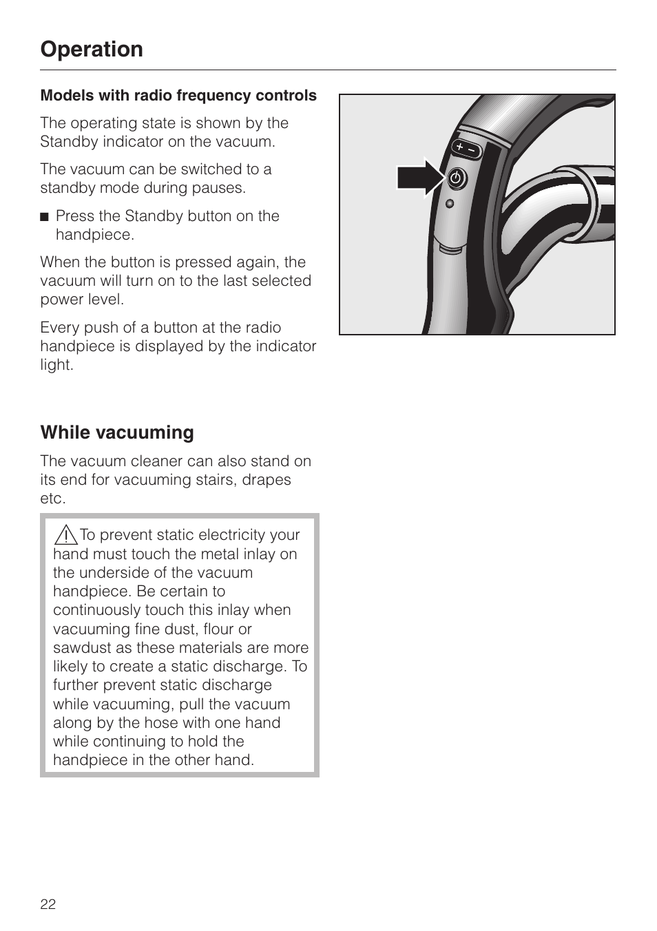Operation, While vacuuming | Miele S 4000 User Manual | Page 22 / 48