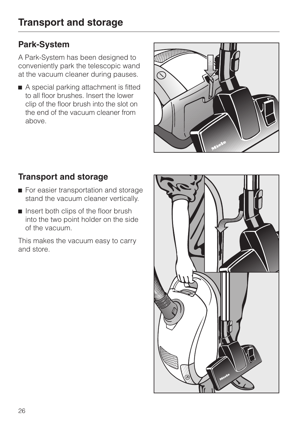 Transport and storage 26, Transport and storage, Park-system | Miele S 4000 User Manual | Page 26 / 48