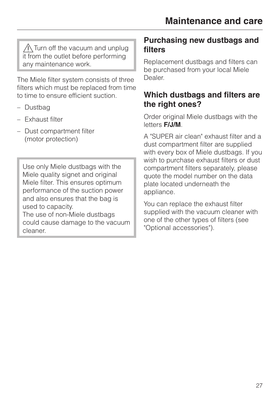 Maintenance and care 27, Purchasing new dustbags and filters 27, Maintenance and care | Purchasing new dustbags and filters, Which dustbags and filters are the right ones | Miele S 4000 User Manual | Page 27 / 48