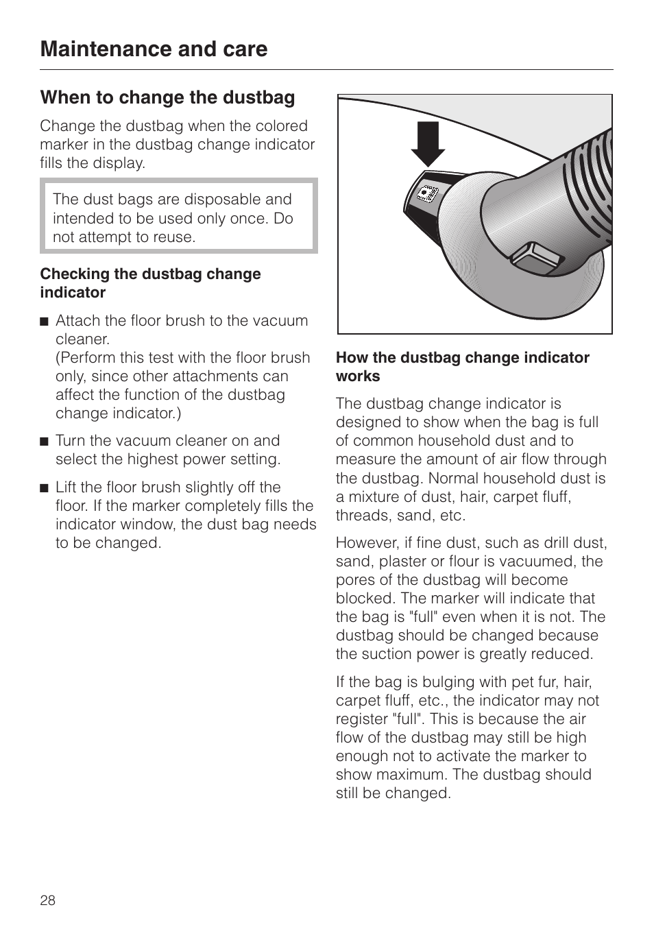 When to change the dustbag 28, When to change the dustbag, Maintenance and care | Miele S 4000 User Manual | Page 28 / 48