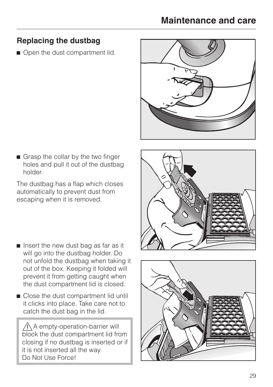 Replacing the dustbag 29, Replacing the dustbag, Maintenance and care | Miele S 4000 User Manual | Page 29 / 48