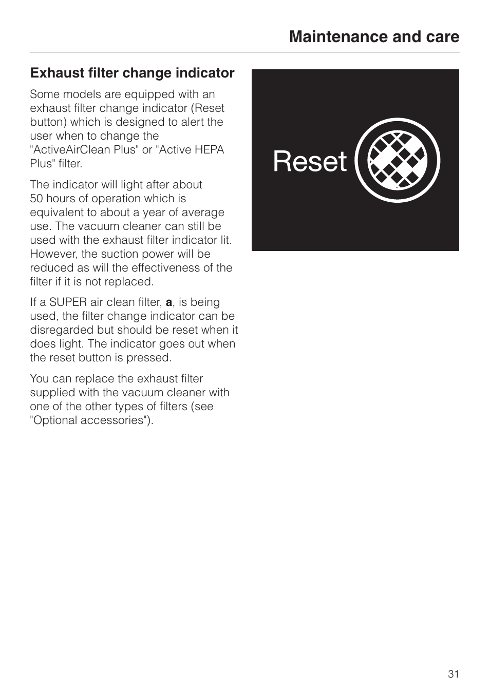 Exhaust filter change indicator 31, Exhaust filter change indicator, Maintenance and care | Miele S 4000 User Manual | Page 31 / 48