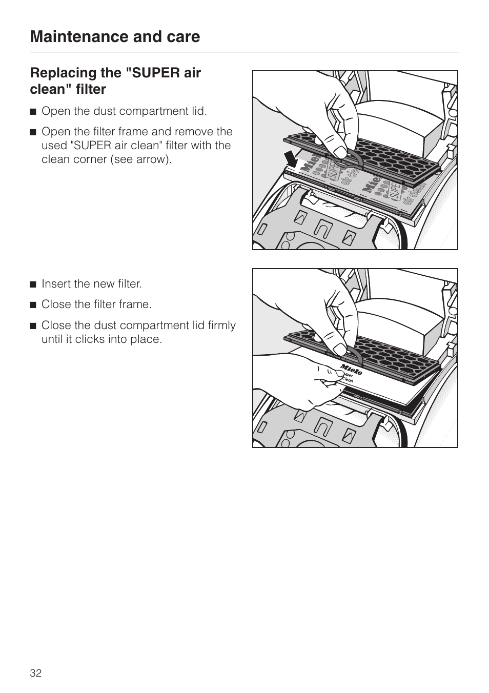 Replacing the "super air clean" filter 32, Replacing the "super air clean" filter, Maintenance and care | Miele S 4000 User Manual | Page 32 / 48