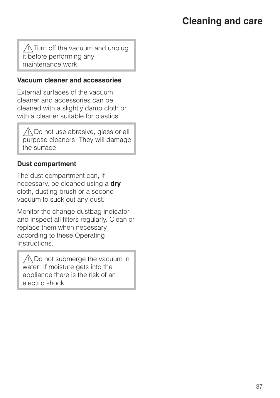 Cleaning and care 37, Cleaning and care | Miele S 4000 User Manual | Page 37 / 48