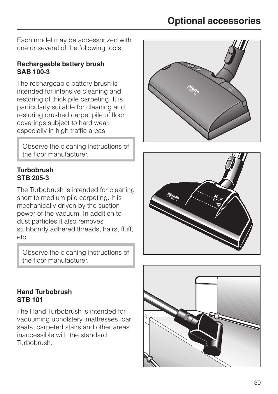 Optional accessories 39, Optional accessories | Miele S 4000 User Manual | Page 39 / 48