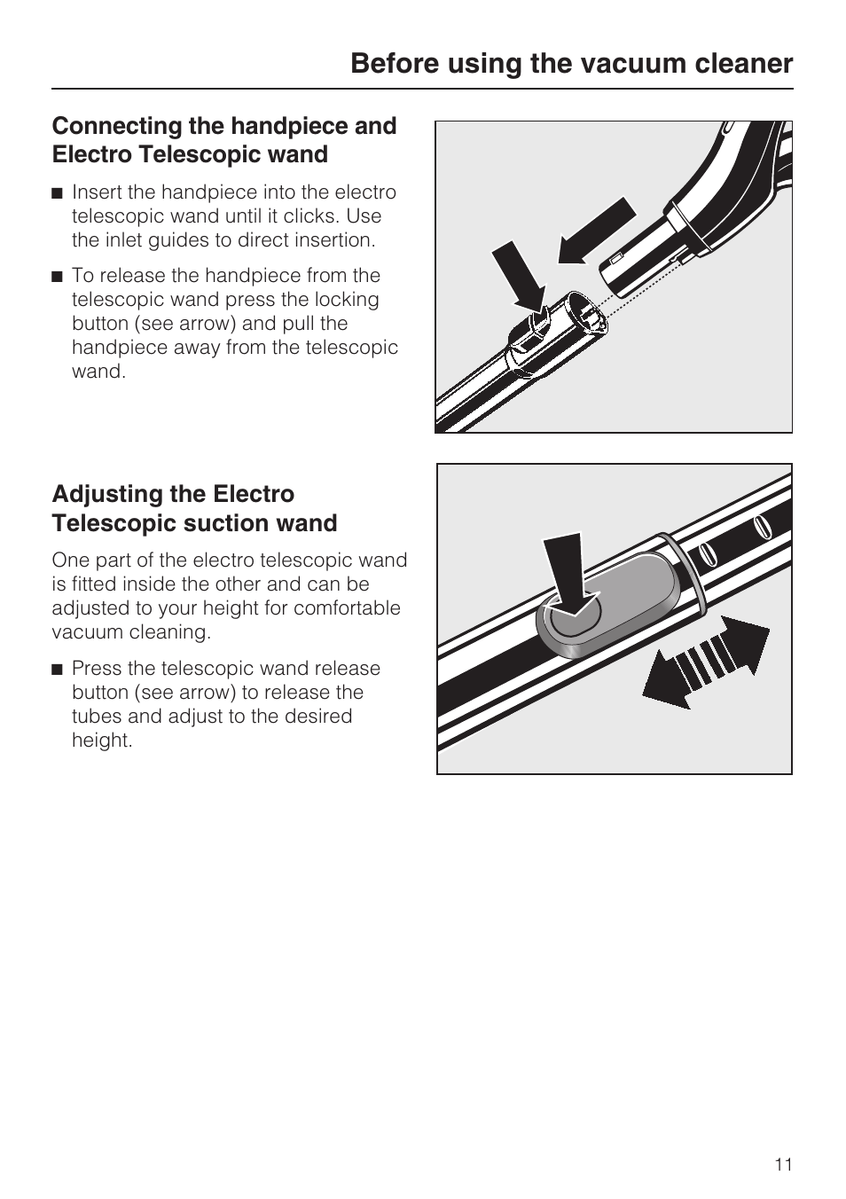 Before using the vacuum cleaner, Adjusting the electro telescopic suction wand | Miele S5981 User Manual | Page 11 / 40