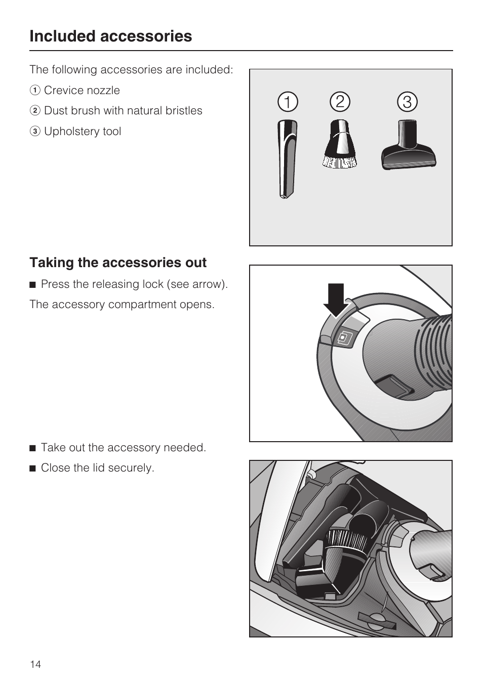 Included accessories 14, Included accessories, Taking the accessories out | Miele S5981 User Manual | Page 14 / 40