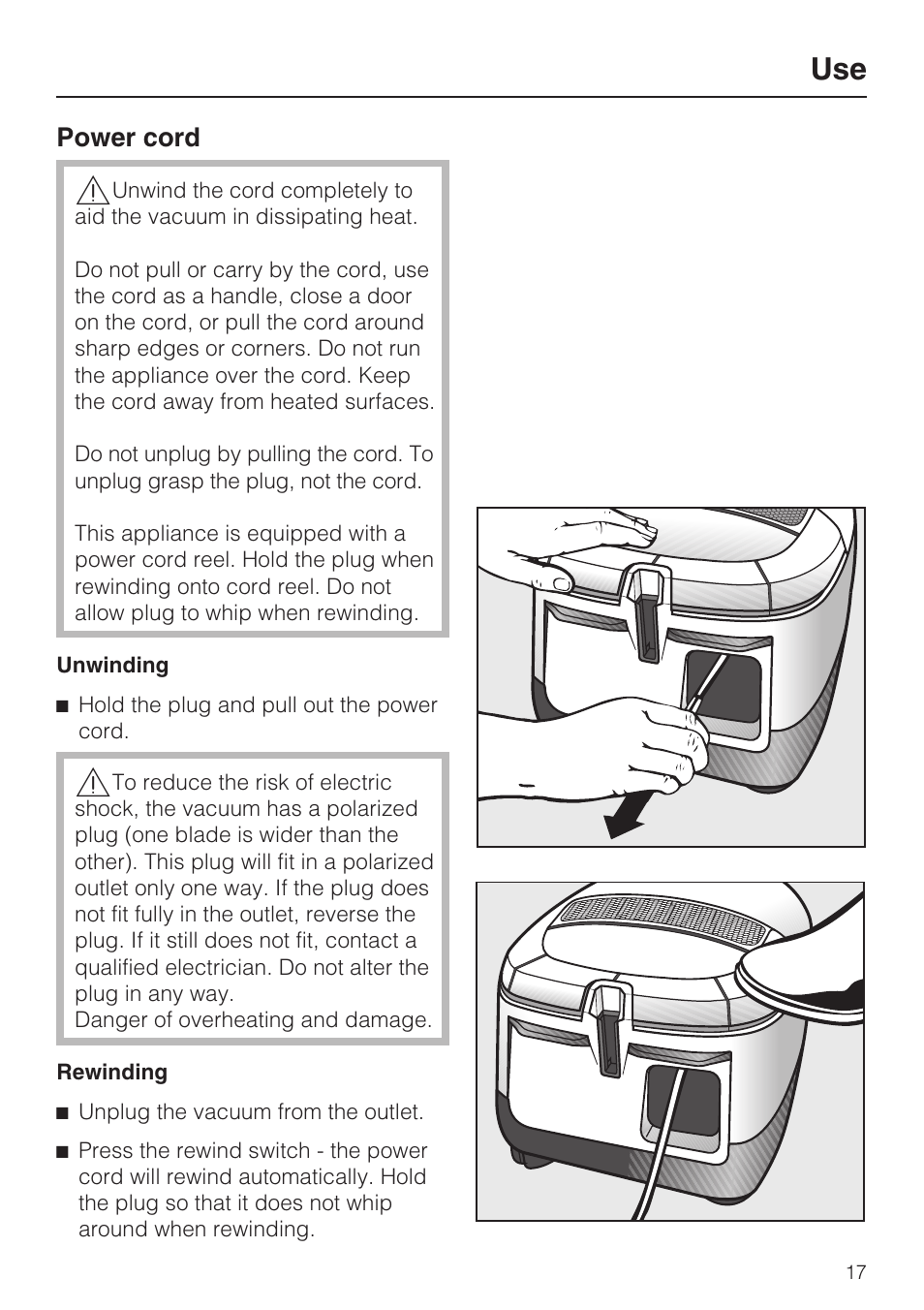 Use 17, Power cord 17 | Miele S5981 User Manual | Page 17 / 40