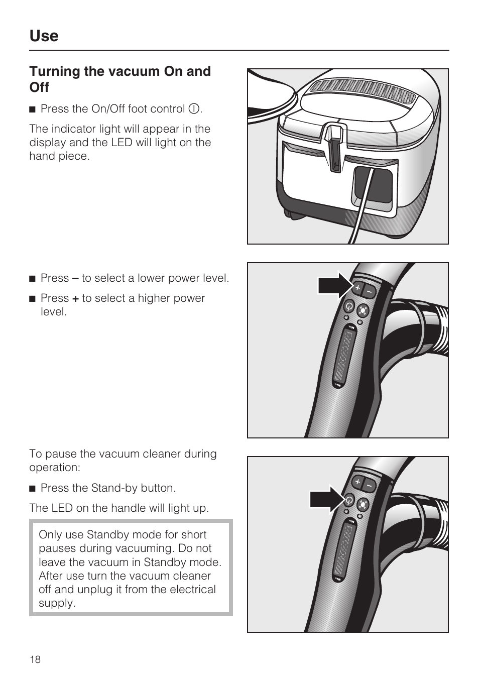 Turning the vacuum on and off 18, Turning the vacuum on and off | Miele S5981 User Manual | Page 18 / 40