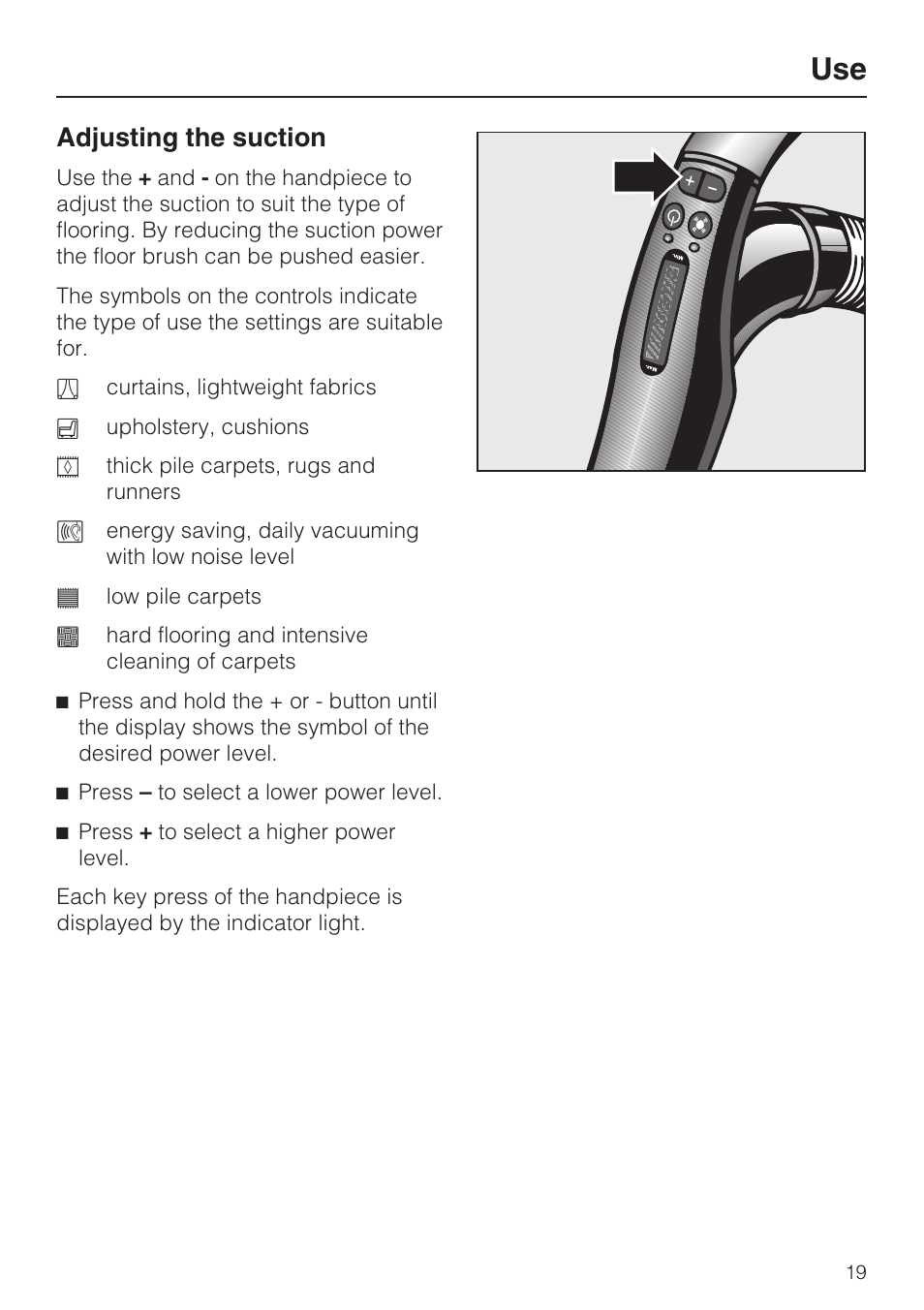 Adjusting the suction 19, Adjusting the suction | Miele S5981 User Manual | Page 19 / 40