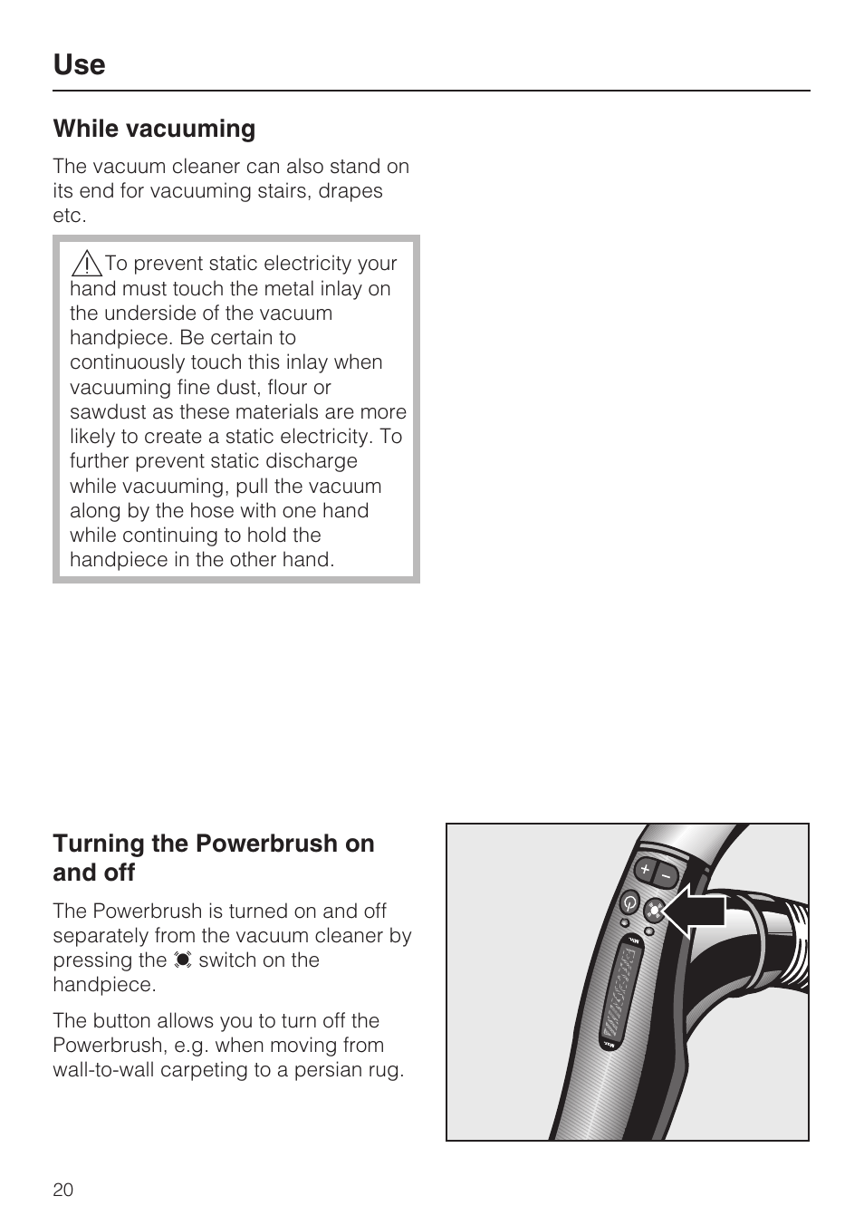 Turning the powerbrush on and off 20 | Miele S5981 User Manual | Page 20 / 40
