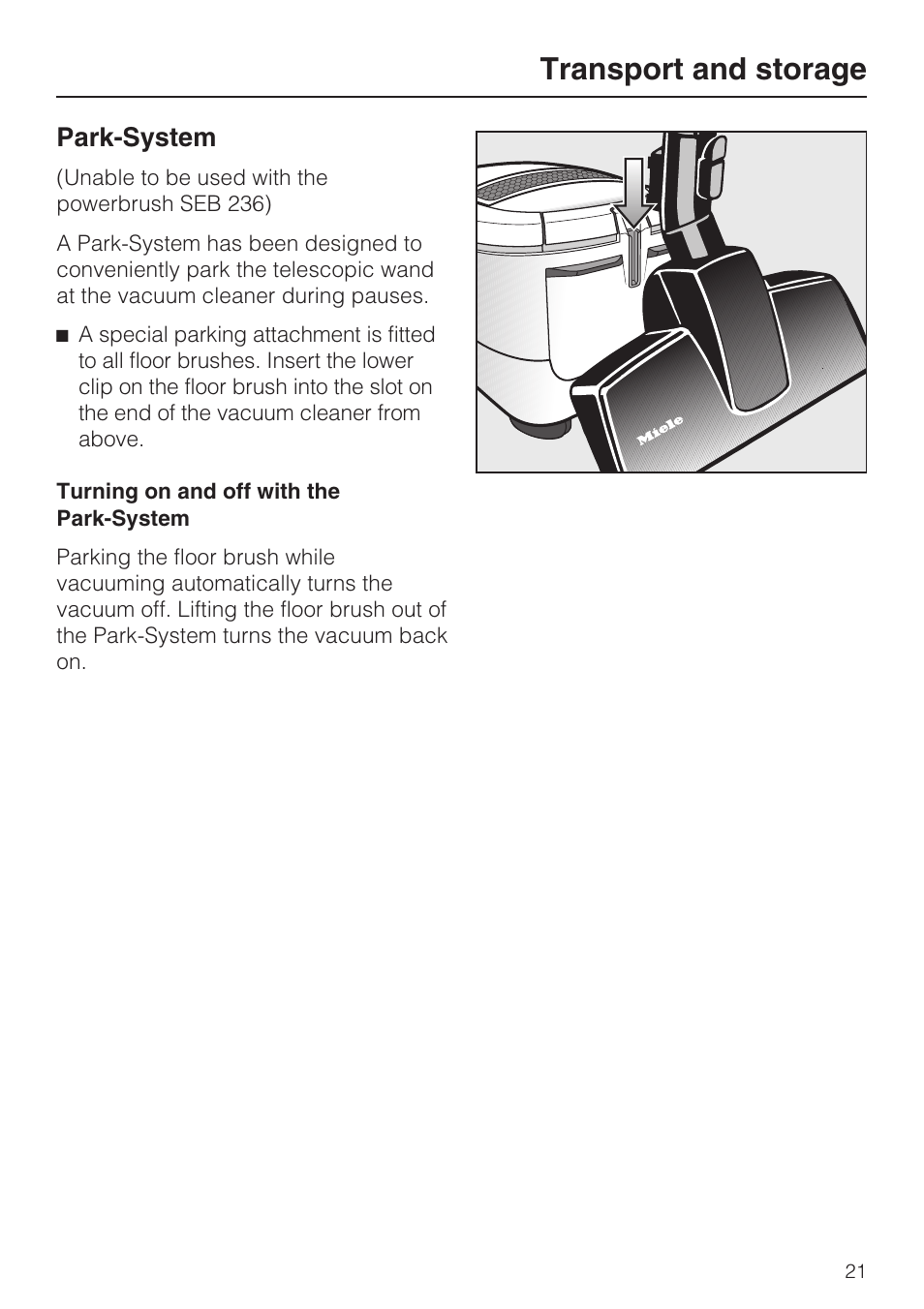 Transport and storage 21, Transport and storage, Park-system | Miele S5981 User Manual | Page 21 / 40