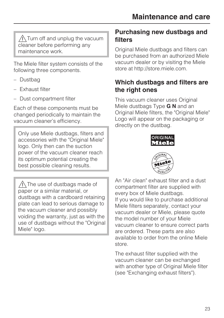 Maintenance and care 23, Purchasing new dustbags and filters 23, Which dustbags and filters are the right ones? 23 | Maintenance and care | Miele S5981 User Manual | Page 23 / 40