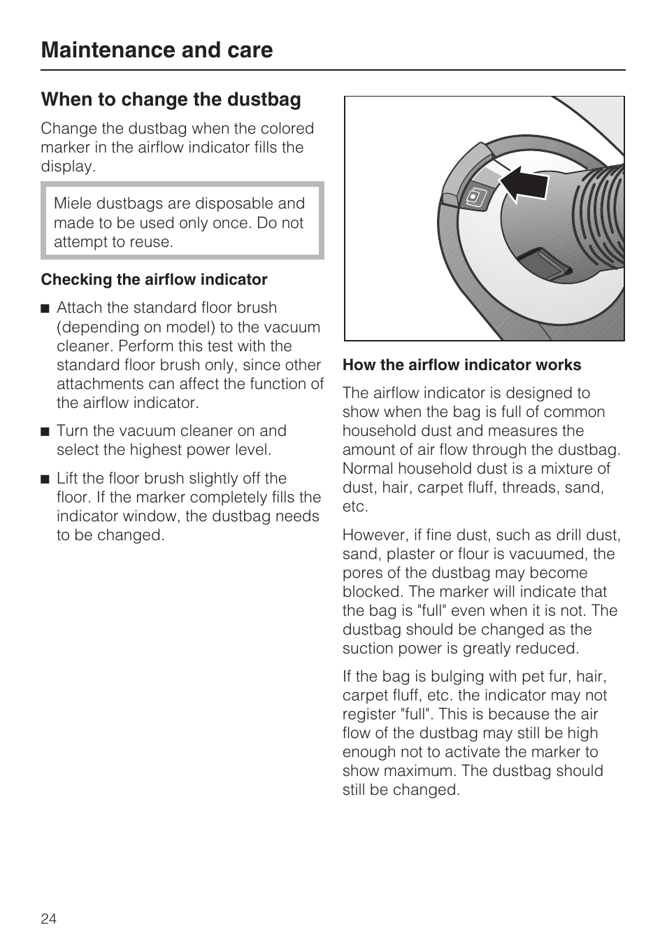 When to change the dustbag 24, Maintenance and care, When to change the dustbag | Miele S5981 User Manual | Page 24 / 40