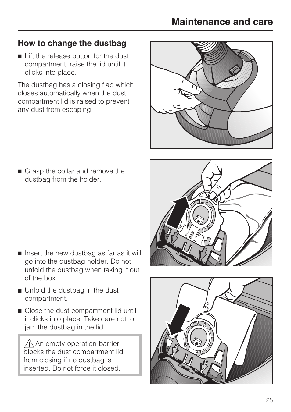 How to change the dustbag 25, Maintenance and care, How to change the dustbag | Miele S5981 User Manual | Page 25 / 40