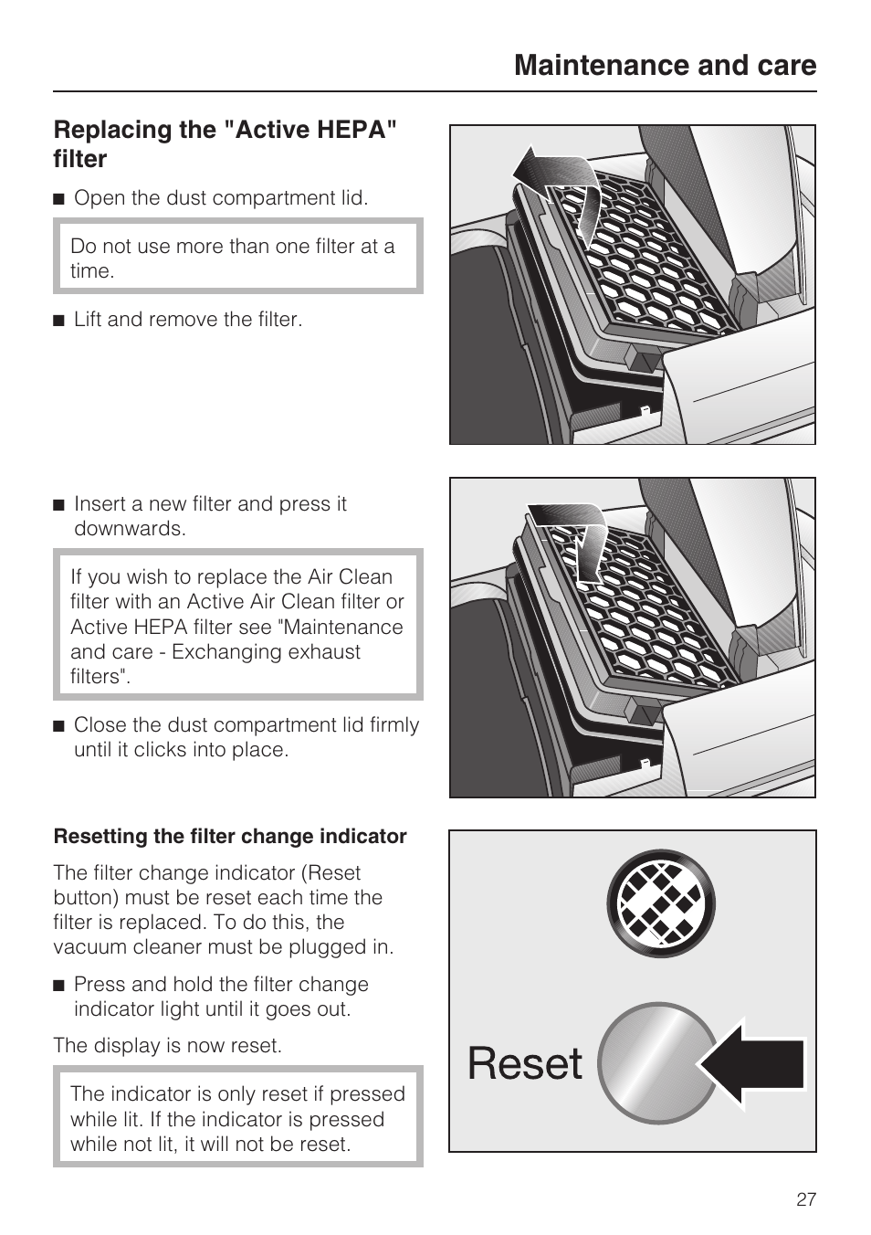 Replacing the "active hepa " filter 27, Maintenance and care, Replacing the "active hepa" filter | Miele S5981 User Manual | Page 27 / 40