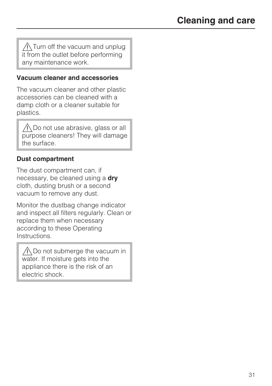 Cleaning and care 31, Cleaning and care | Miele S5981 User Manual | Page 31 / 40