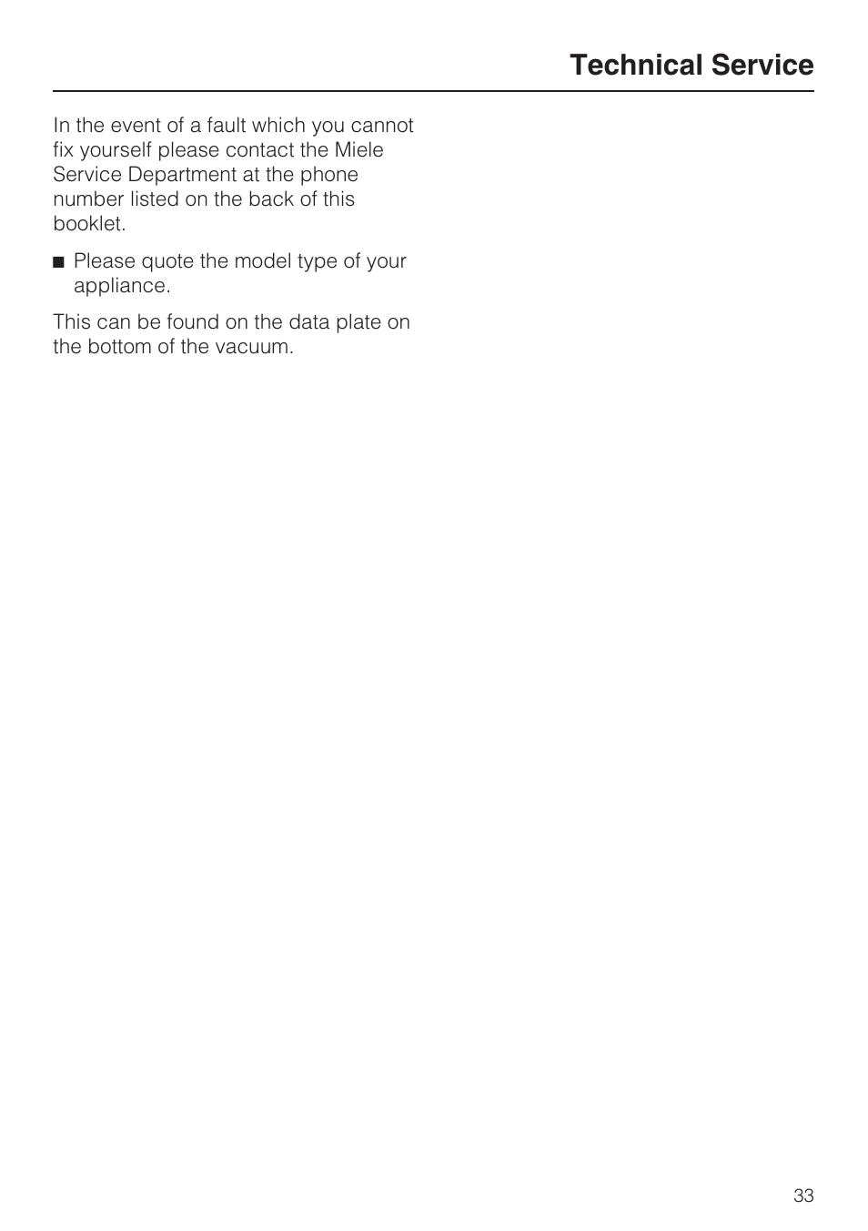 Technical service 33, Technical service | Miele S5981 User Manual | Page 33 / 40