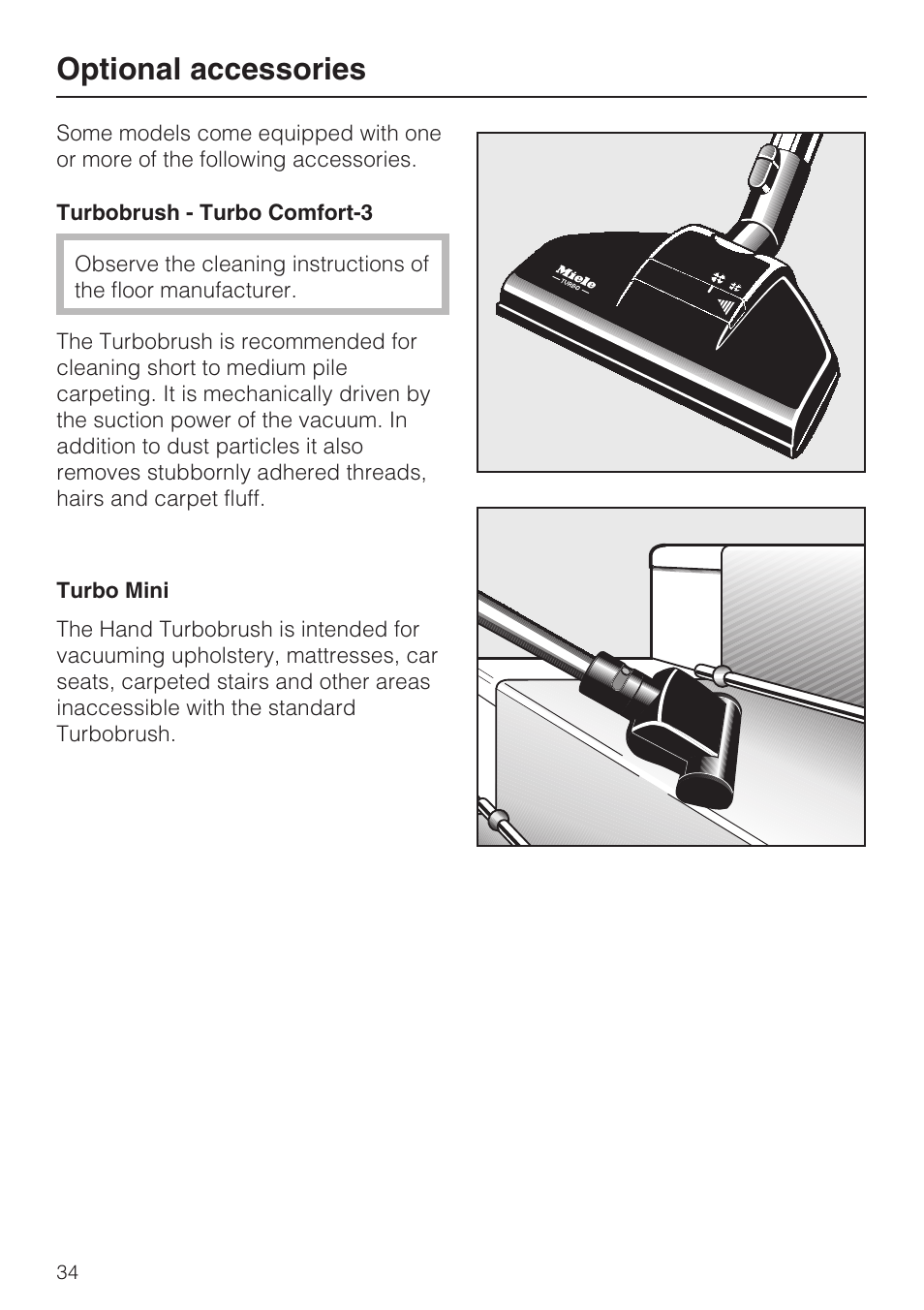 Optional accessories 34, Optional accessories | Miele S5981 User Manual | Page 34 / 40