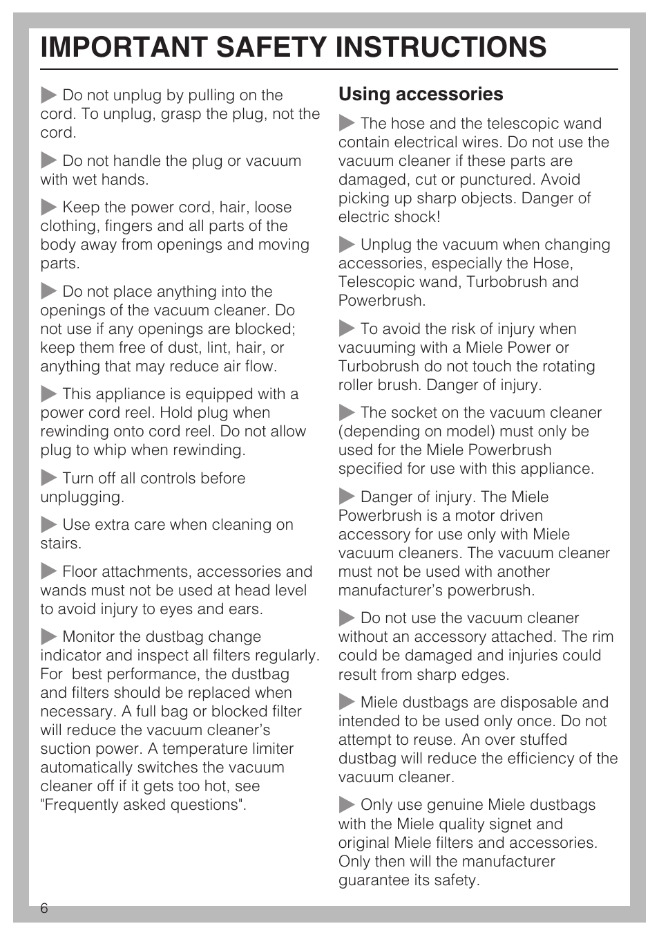 Important safety instructions | Miele S5981 User Manual | Page 6 / 40
