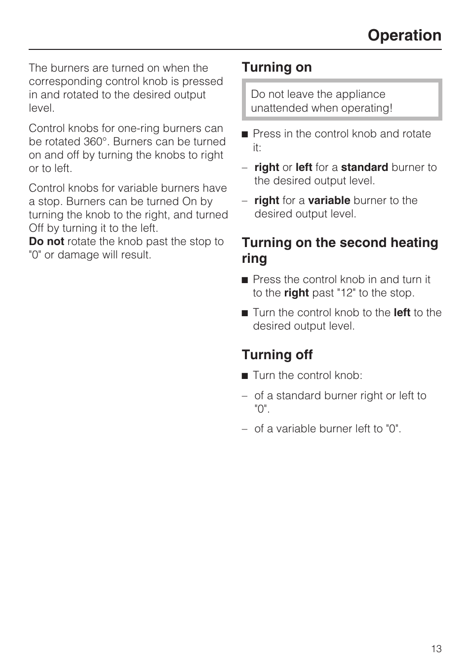 Operation 13, Turning on 13, Turning on the second heating ring 13 | Turning off 13, Operation, Turning on, Turning on the second heating ring, Turning off | Miele KM 5624 User Manual | Page 13 / 36