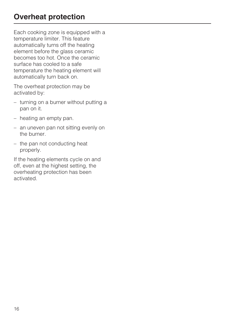 Overheat protection 16, Overheat protection | Miele KM 5624 User Manual | Page 16 / 36