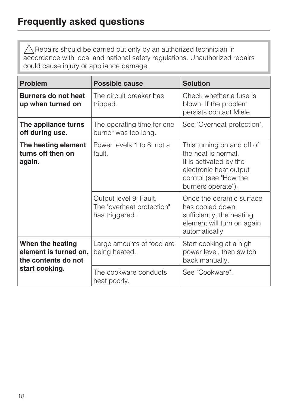 Frequently asked questions 18, Frequently asked questions | Miele KM 5624 User Manual | Page 18 / 36