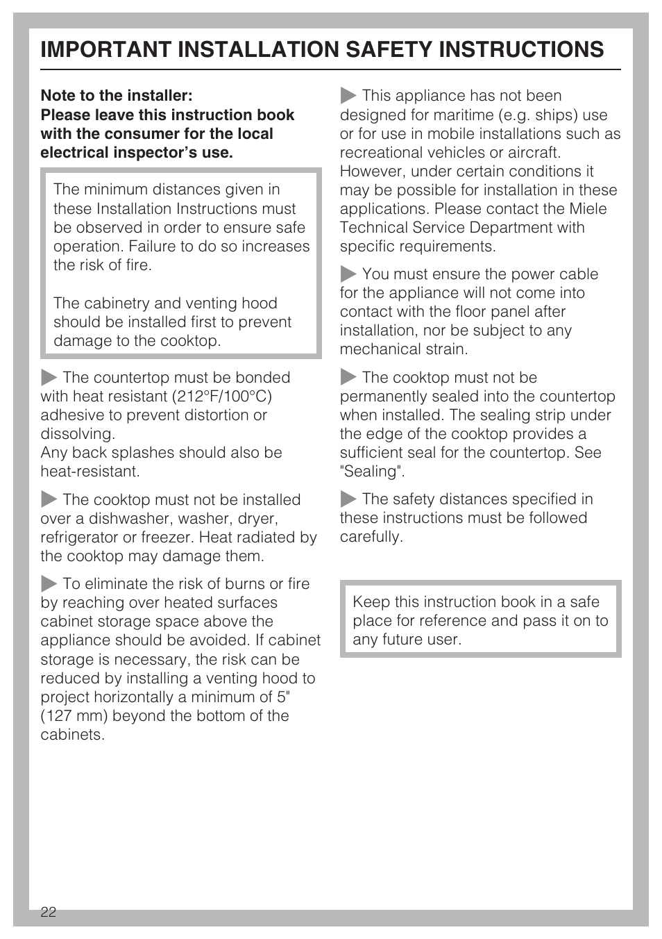 Important installation safety instructions 22, Important installation safety instructions | Miele KM 5624 User Manual | Page 22 / 36