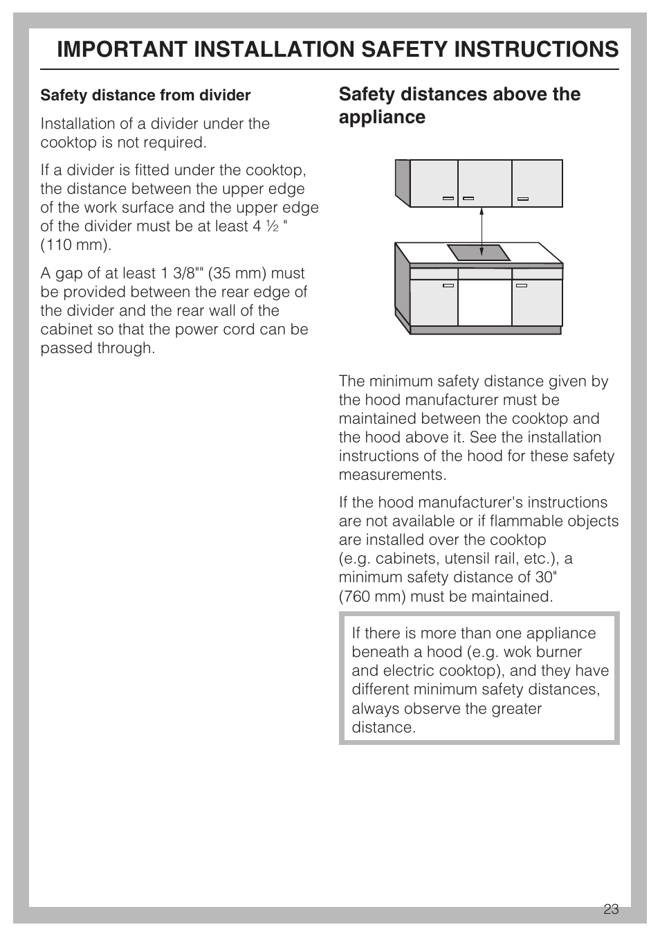 Important installation safety instructions, Safety distances above the appliance | Miele KM 5624 User Manual | Page 23 / 36