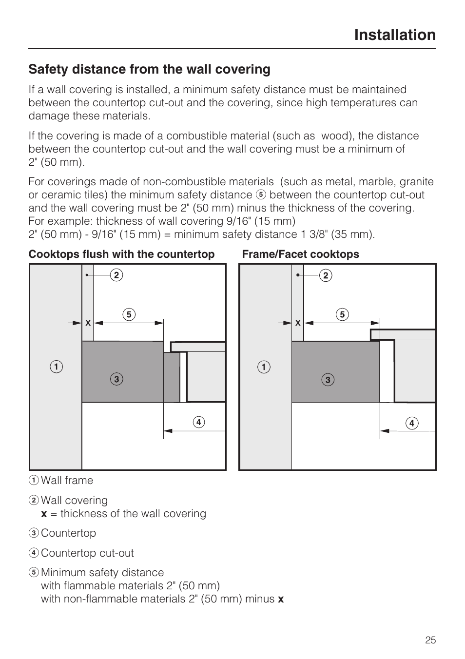 Installation 25, Installation, Safety distance from the wall covering | Miele KM 5624 User Manual | Page 25 / 36