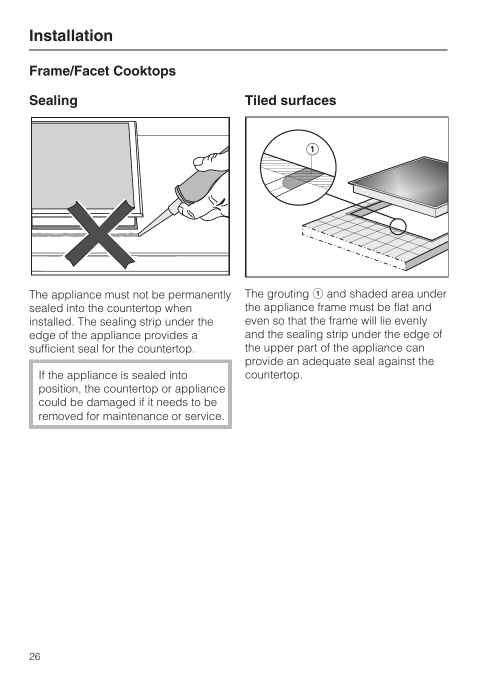 Sealing 26, Tiled surfaces 26, Installation | Miele KM 5624 User Manual | Page 26 / 36