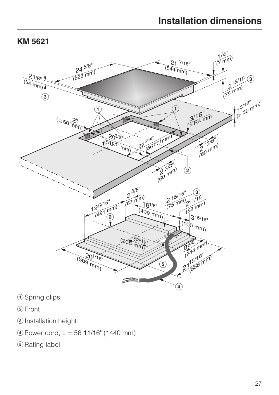 Installation dimensions 27, Km 5621 27, Installation dimensions | Km 5621, Cd c c | Miele KM 5624 User Manual | Page 27 / 36