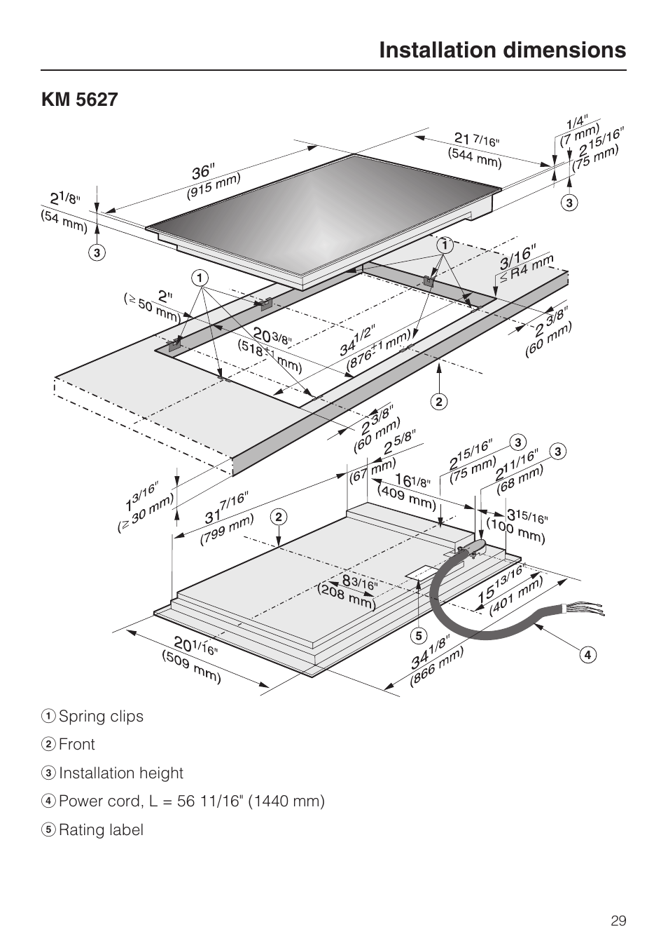 Km 5627 29, Installation dimensions | Miele KM 5624 User Manual | Page 29 / 36